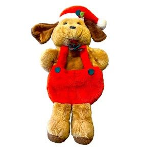 VTG Stocking Puppy Dog Christmas Plush 3D Santa Hat Overalls Decor Stuffed Fun